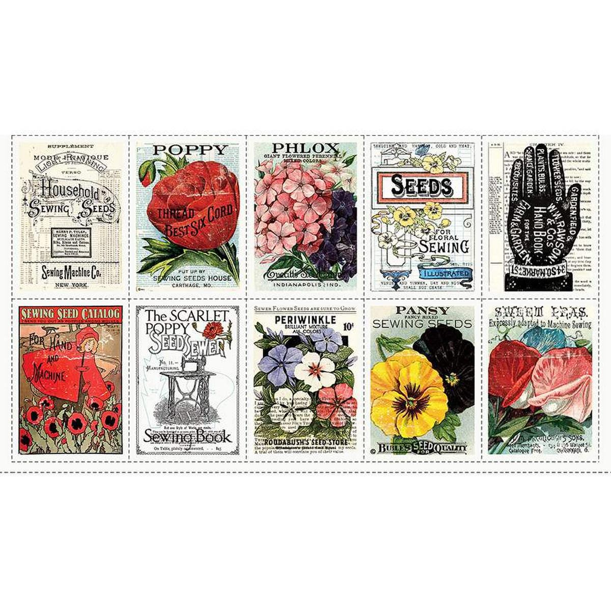 Image of the Sewing Seeds III Seed Catalog Patch Panel quilting cotton fabric by J. Wecker Frisch for Riley Blake Designs. Features vintage seed ads. 
Cute Little Fabric Shop