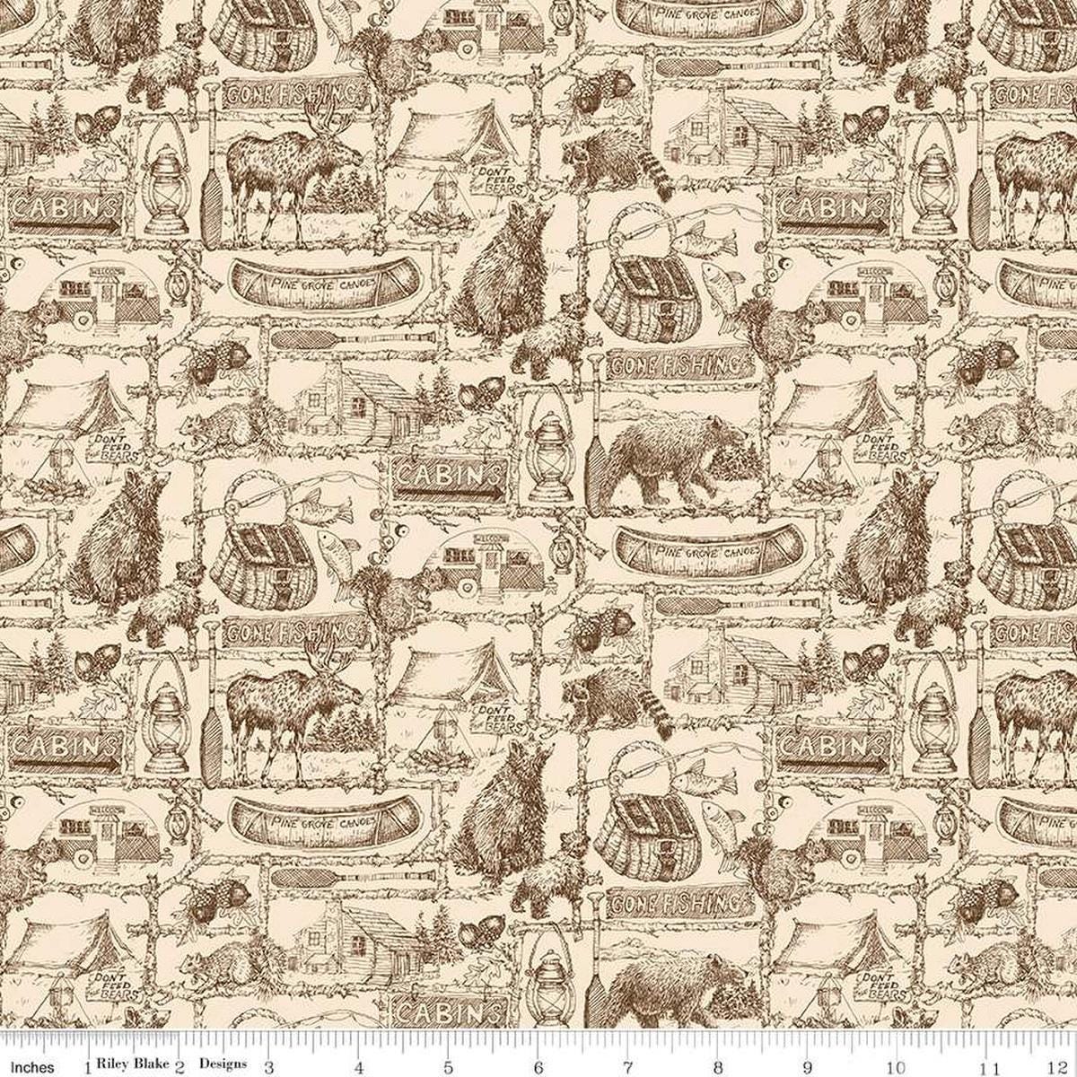 Image of the Pine Grove Outlines Putty quilting cotton fabric by Riley Blake Designs. Features icons on a cream background. Cute Little Fabric Shop