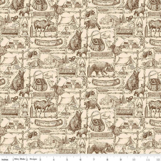 Image of the Pine Grove Outlines Putty quilting cotton fabric by Riley Blake Designs. Features icons on a cream background. Cute Little Fabric Shop