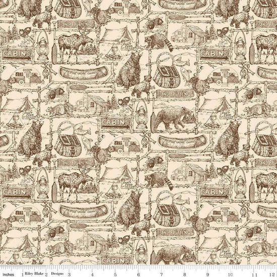 Image of the Pine Grove Outlines Putty quilting cotton fabric by Riley Blake Designs. Features icons on a cream background. Cute Little Fabric Shop