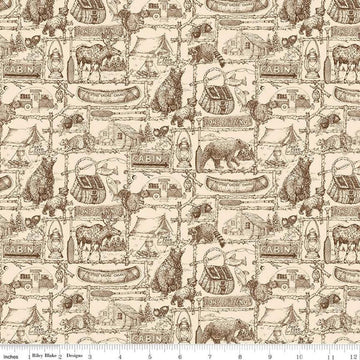 Image of the Pine Grove Outlines Putty quilting cotton fabric by Riley Blake Designs. Features icons on a cream background. Cute Little Fabric Shop