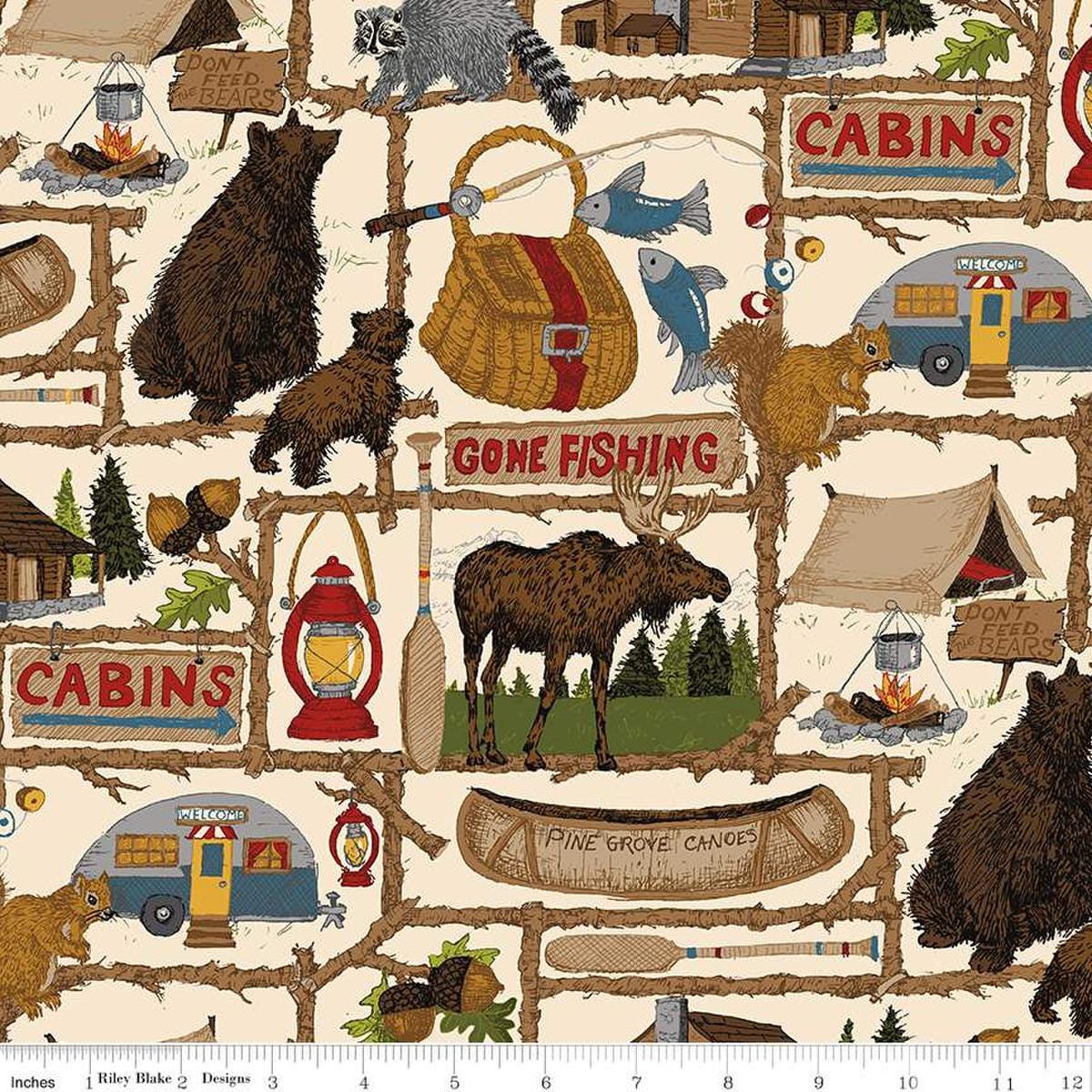 Image of the Pine Grove Main Putty quilting cotton fabric by Riley Blake Designs. Features animals on a tan background. Cute Little Fabric Shop