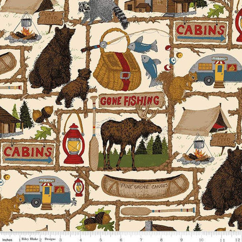 Image of the Pine Grove Main Putty quilting cotton fabric by Riley Blake Designs. Features animals on a tan background. Cute Little Fabric Shop