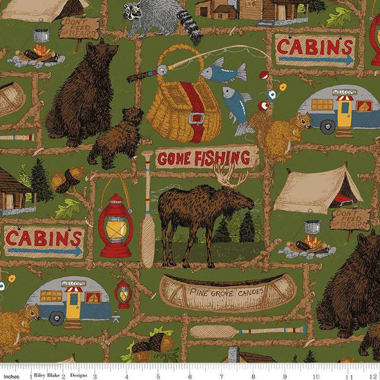 Image of the Pine Grove Main Green quilting cotton fabric by Riley Blake Designs. Features animals on a green background. Cute Little Fabric Shop