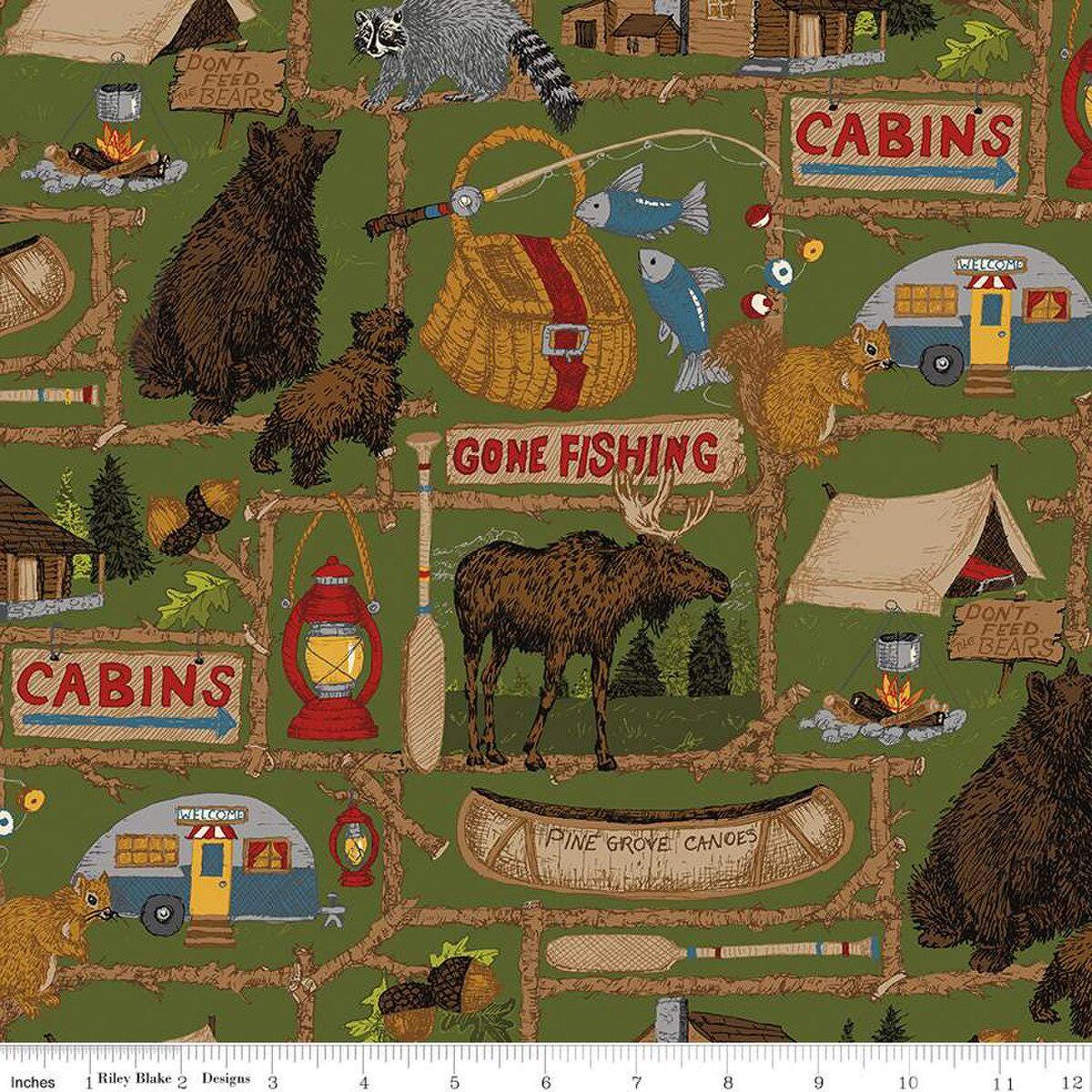 Image of the Pine Grove Main Green quilting cotton fabric by Riley Blake Designs. Features animals on a green background. Cute Little Fabric Shop