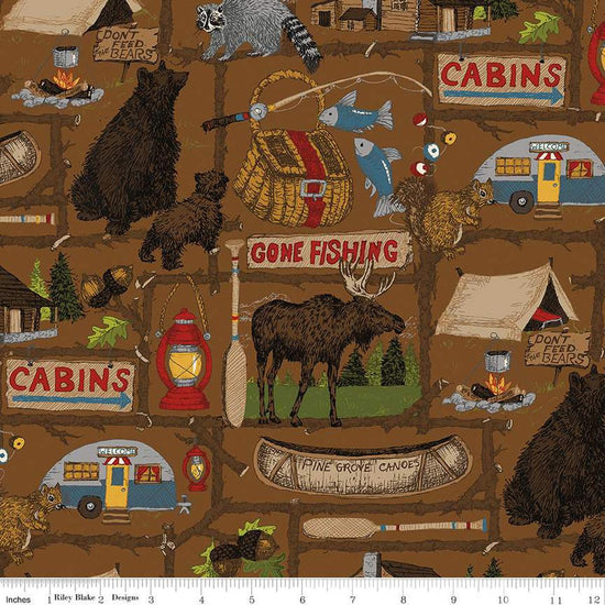 Image of the Pine Grove Main Brown quilting cotton fabric by Riley Blake Designs. Features animals on a brown background. Cute Little Fabric Shop