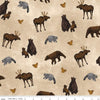 Image of the Pine Grove Animal Toss Putty quilting cotton fabric by Riley Blake Designs. Features animals on a brown background. Cute Little Fabric Shop