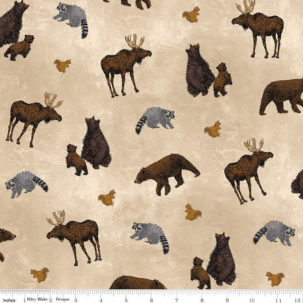 Image of the Pine Grove Animal Toss Putty quilting cotton fabric by Riley Blake Designs. Features animals on a brown background. Cute Little Fabric Shop