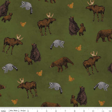 Image of the Pine Grove Animal Toss Green quilting cotton fabric by Riley Blake Designs. Features animals on a green background. Cute Little Fabric Shop