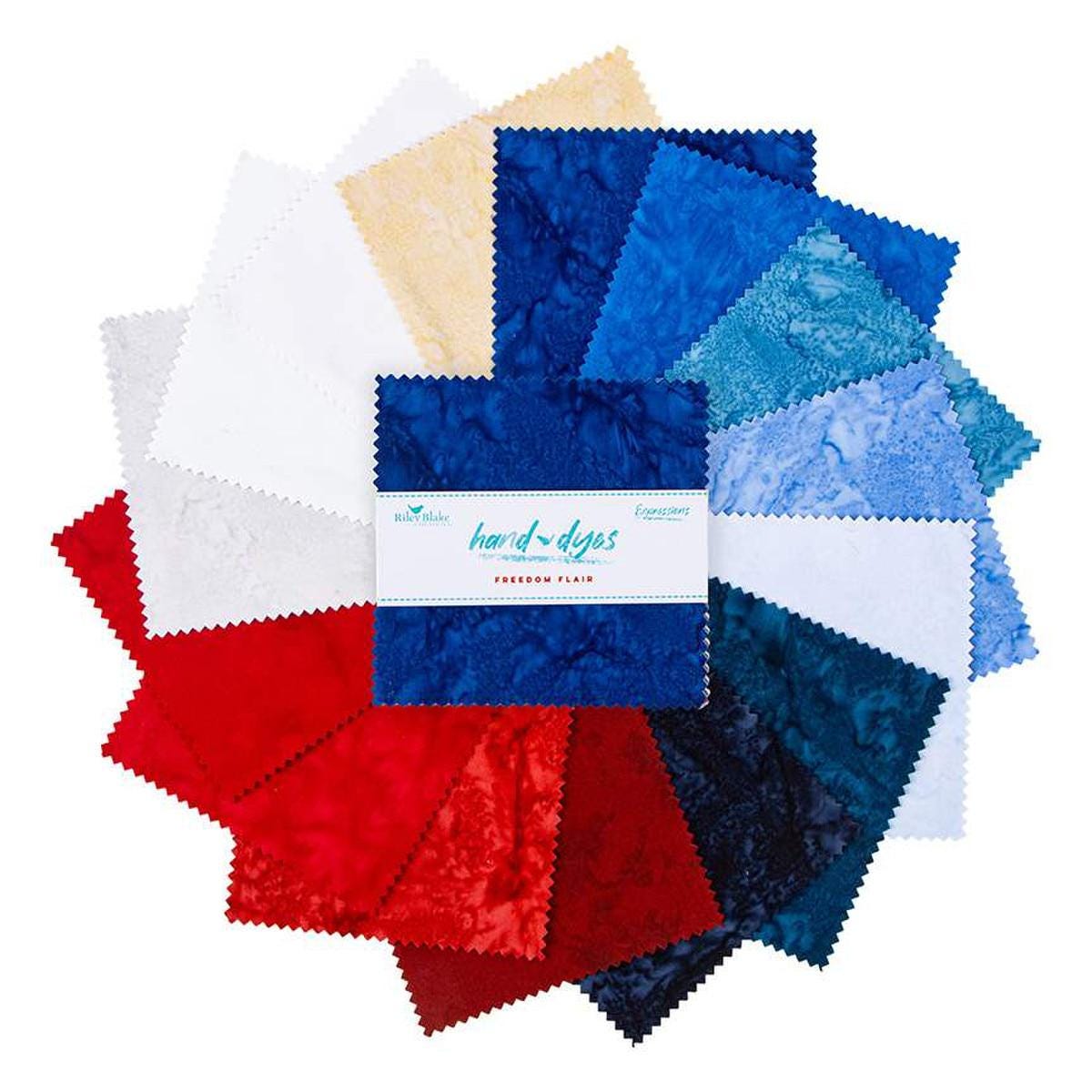 Image of the Expressions Batiks Hand-Dyes Freedom Flair 5 inch stacker by Riley Blake Designs. Features patriotic colored fabric.
Cute Little Fabric Shop