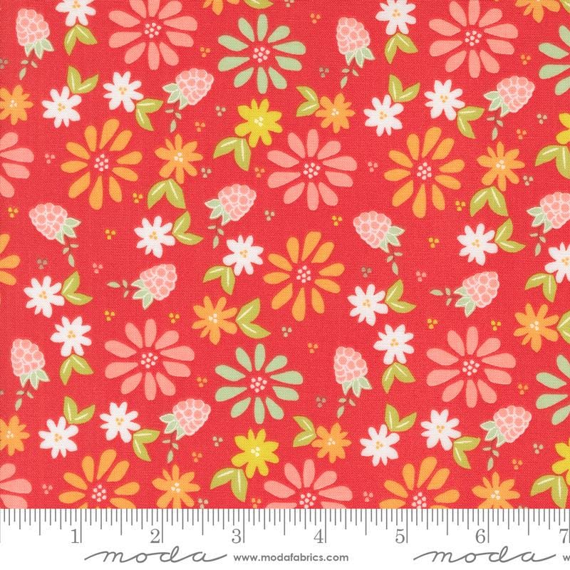 Image of the Raspberry Summer Spring Raspberry quilting cotton fabric by Sherri & Chelsi for Moda Fabrics. Features flowers on a red background. Cute Little Fabric Shop
