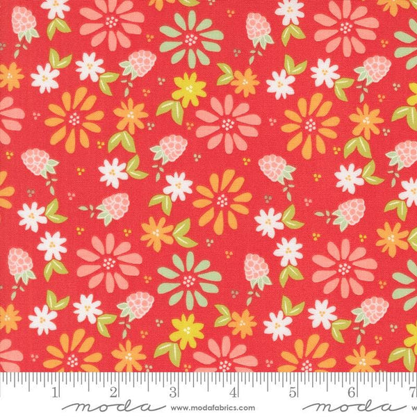 Image of the Raspberry Summer Spring Raspberry quilting cotton fabric by Sherri & Chelsi for Moda Fabrics. Features flowers on a red background. Cute Little Fabric Shop