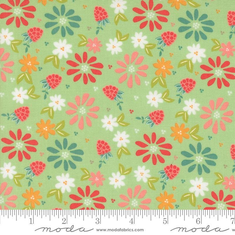 Image of the Raspberry Summer Spring Mint quilting cotton fabric by Sherri & Chelsi for Moda Fabrics. Features flowers on a green background. Cute Little Fabric Shop