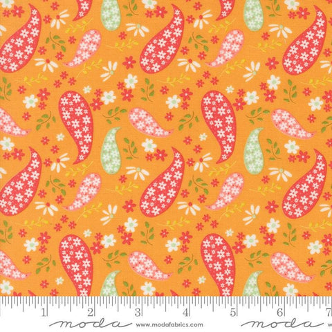 Image of the Raspberry Summer Paisley Apricot quilting cotton fabric by Sherri & Chelsi for Moda Fabrics. Features paisleys on an orange background. Cute Little Fabric Shop