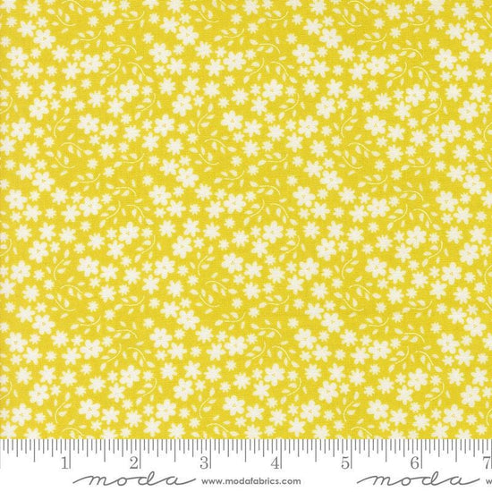 Image of the Raspberry Summer Blossoms Summer quilting cotton fabric by Sherri & Chelsi for Moda Fabrics. Features flowers on a yellow background. Cute Little Fabric Shop