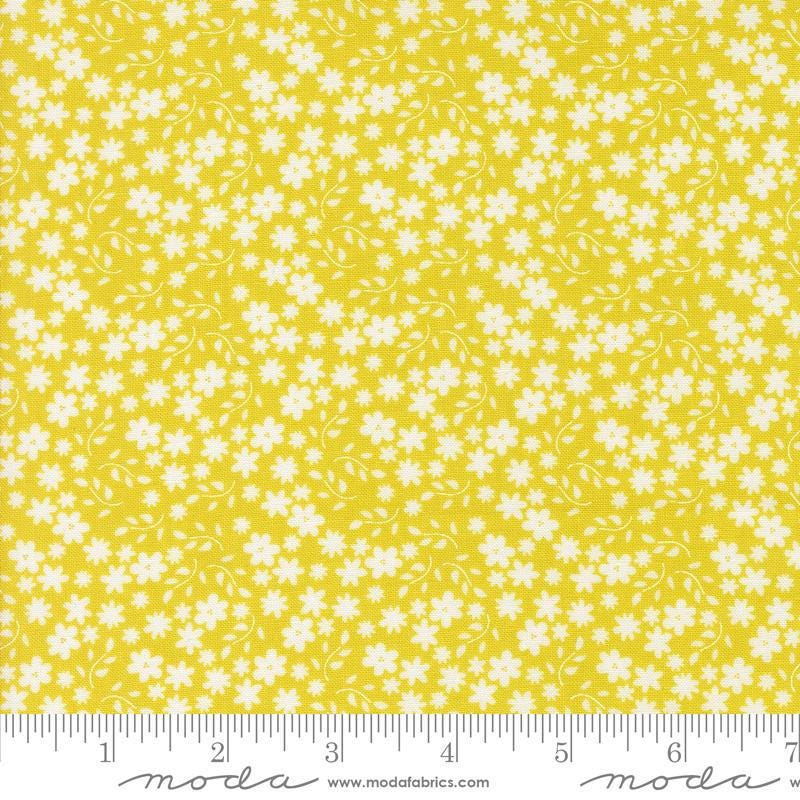 Image of the Raspberry Summer Blossoms Summer quilting cotton fabric by Sherri & Chelsi for Moda Fabrics. Features flowers on a yellow background. Cute Little Fabric Shop