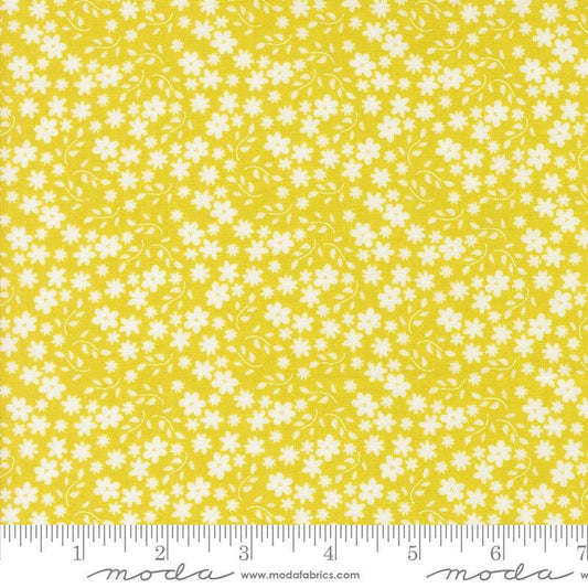 Image of the Raspberry Summer Blossoms Summer quilting cotton fabric by Sherri & Chelsi for Moda Fabrics. Features flowers on a yellow background. Cute Little Fabric Shop