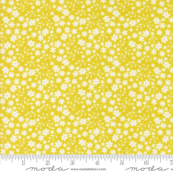 Image of the Raspberry Summer Blossoms Summer quilting cotton fabric by Sherri & Chelsi for Moda Fabrics. Features flowers on a yellow background. Cute Little Fabric Shop