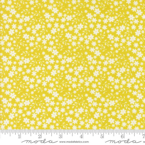 Image of the Raspberry Summer Blossoms Summer quilting cotton fabric by Sherri & Chelsi for Moda Fabrics. Features flowers on a yellow background. Cute Little Fabric Shop