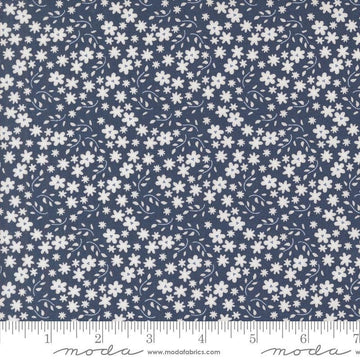 Image of the Raspberry Summer Blossoms Blueberry quilting cotton fabric by Sherri & Chelsi for Moda Fabrics. Features flowers on a blue background. Cute Little Fabric Shop