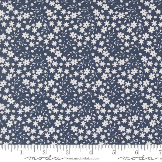 Image of the Raspberry Summer Blossoms Blueberry quilting cotton fabric by Sherri & Chelsi for Moda Fabrics. Features flowers on a blue background. Cute Little Fabric Shop