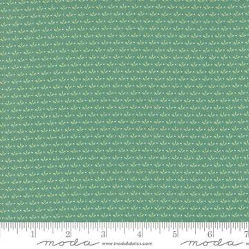 Image of the Raspberry Summer Sprout Teal quilting cotton fabric by Sherri & Chelsi for Moda Fabrics. Features leaves on a green background. Cute Little Fabric Shop