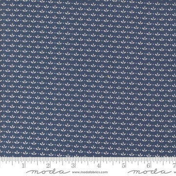 Image of the Raspberry Summer Sprout Blueberry quilting cotton fabric by Sherri & Chelsi for Moda Fabrics. Features leaves on a blue background. Cute Little Fabric Shop