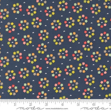 Image of the Raspberry Summer Rosy Blueberry quilting cotton fabric by Sherri & Chelsi for Moda Fabrics. Features flowers on a blue background. Cute Little Fabric Shop