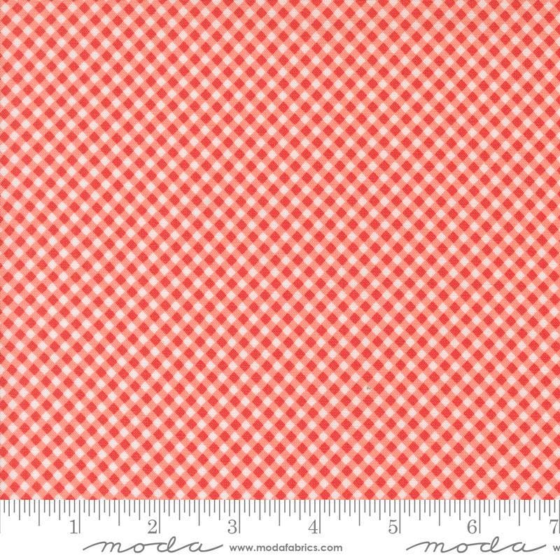 Image of the Raspberry Summer Checks Carnation quilting cotton fabric by Sherri & Chelsi for Moda Fabrics. Features gingham on a coral background. Cute Little Fabric Shop