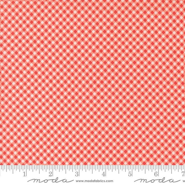Image of the Raspberry Summer Checks Carnation quilting cotton fabric by Sherri & Chelsi for Moda Fabrics. Features gingham on a coral background. Cute Little Fabric Shop