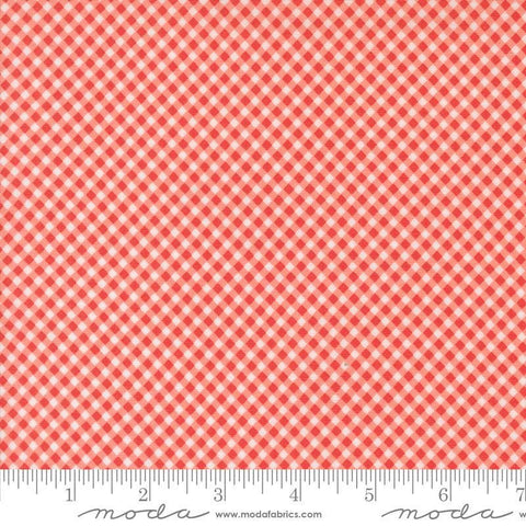 Image of the Raspberry Summer Checks Carnation quilting cotton fabric by Sherri & Chelsi for Moda Fabrics. Features gingham on a coral background. Cute Little Fabric Shop
