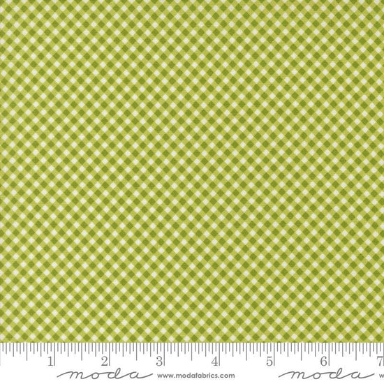 Image of the Raspberry Summer Checks Lime quilting cotton fabric by Sherri & Chelsi for Moda Fabrics. Features gingham on a green background. Cute Little Fabric Shop