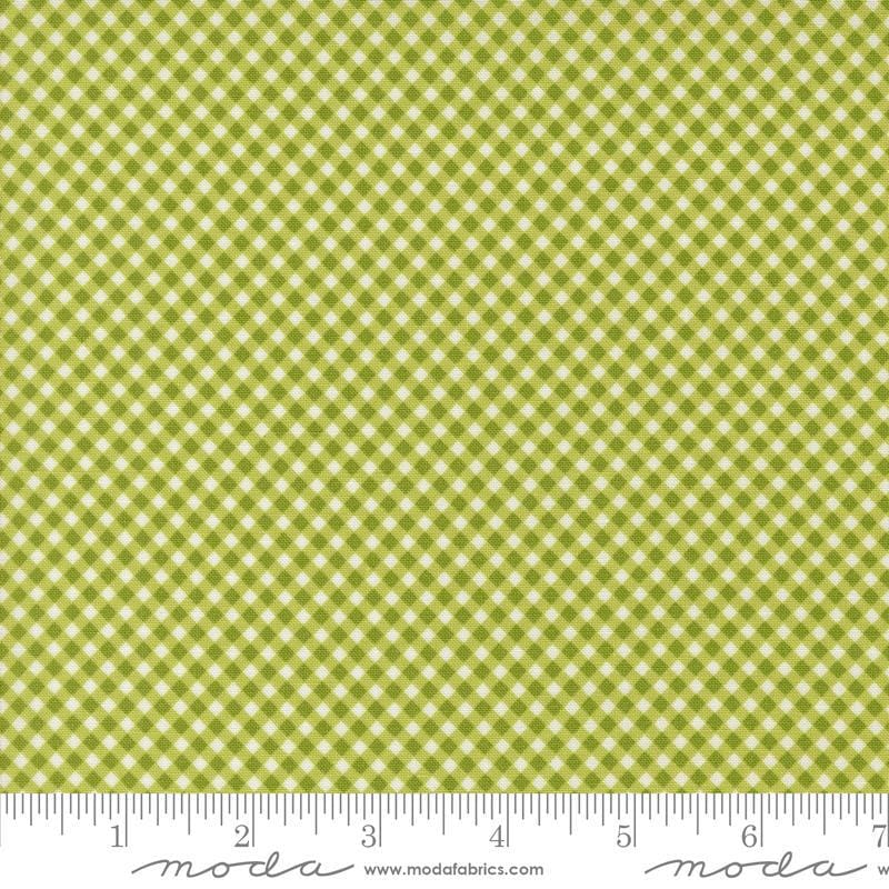 Image of the Raspberry Summer Checks Lime quilting cotton fabric by Sherri & Chelsi for Moda Fabrics. Features gingham on a green background. Cute Little Fabric Shop