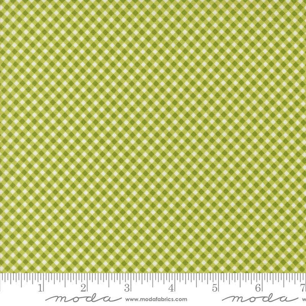 Image of the Raspberry Summer Checks Lime quilting cotton fabric by Sherri & Chelsi for Moda Fabrics. Features gingham on a green background. Cute Little Fabric Shop