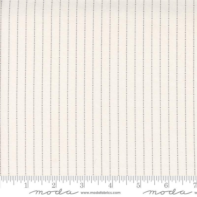Image of the Itty Bitty Background Gatherings Dotted Grey quilting cotton fabric by Moda Fabrics. Features dotted lines on a grey background. Cute Little Fabric Shop