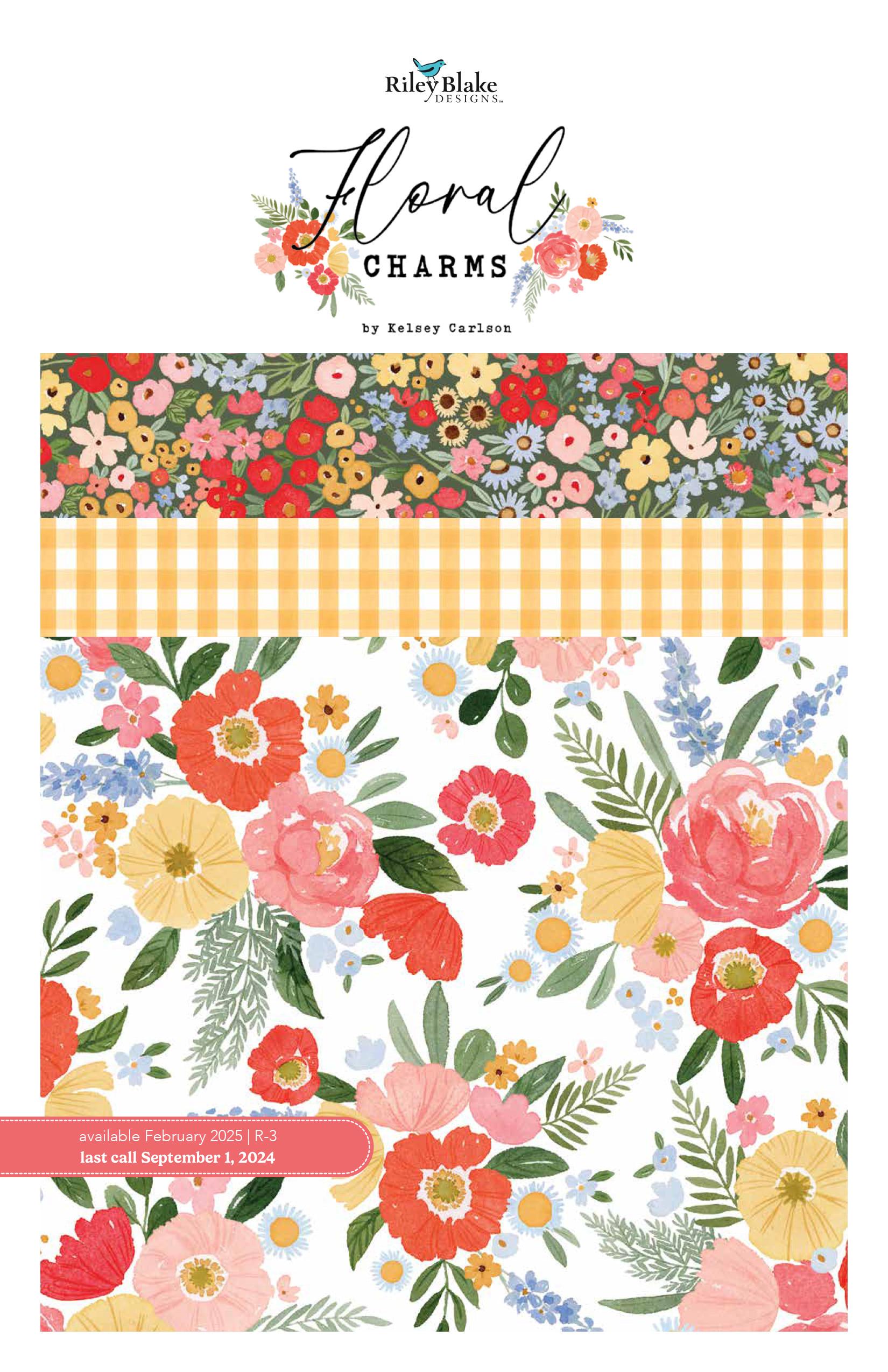 Image of the Floral Charms storyboard by Kelsey Carlson for Riley Blake Designs. Features floral fabrics. 
Cute Little Fabric Shop