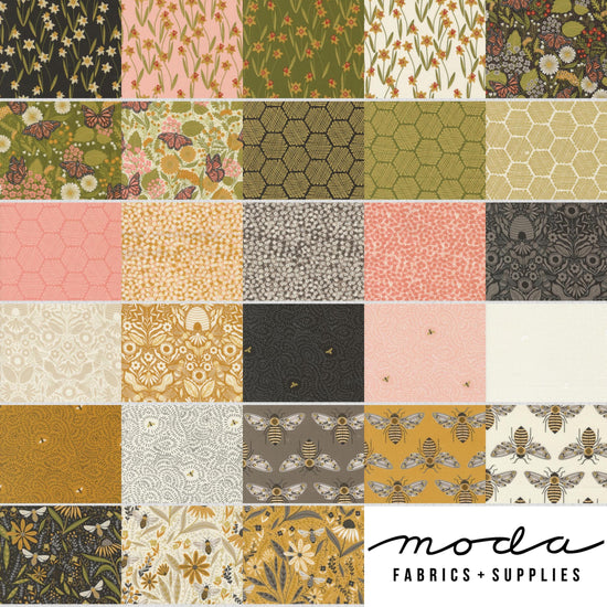 Image of the Bee Garden collage by Gingiber for Moda Fabrics. Features bee and flower fabrics on various backgrounds. 
Cute little Fabric Shop