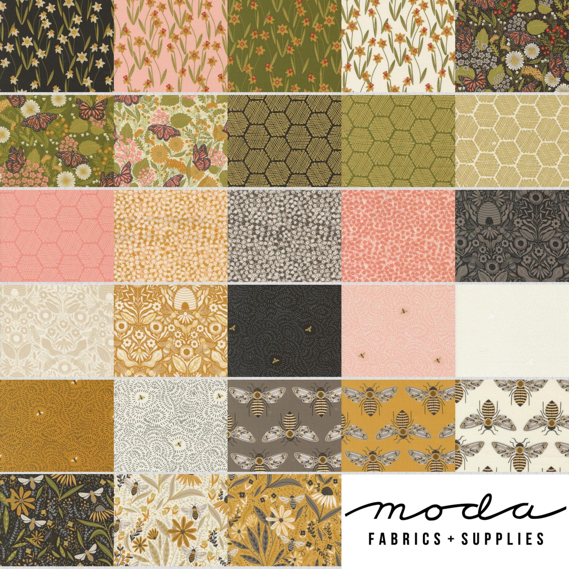 Image of the Bee Garden collage by Gingiber for Moda Fabrics. Features bee and flower fabrics on various backgrounds. 
Cute little Fabric Shop
