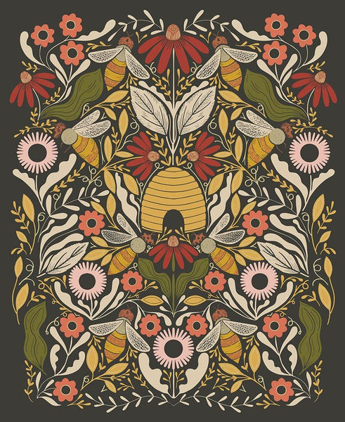 Image of the Bee Garden Metallic Black Panel quilting cotton fabric by Gingiber for Moda Fabrics. Features bees and flowers on a black background.
Cute Little Fabric Shop