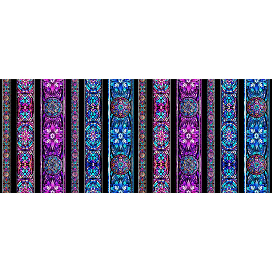 Image of the Night Flight Stained Glass Stripe Multi quilting cotton fabric by Morris Creative Group for QT Fabrics. Features a stained glass stripe pattern. Cute Little Fabric Shop