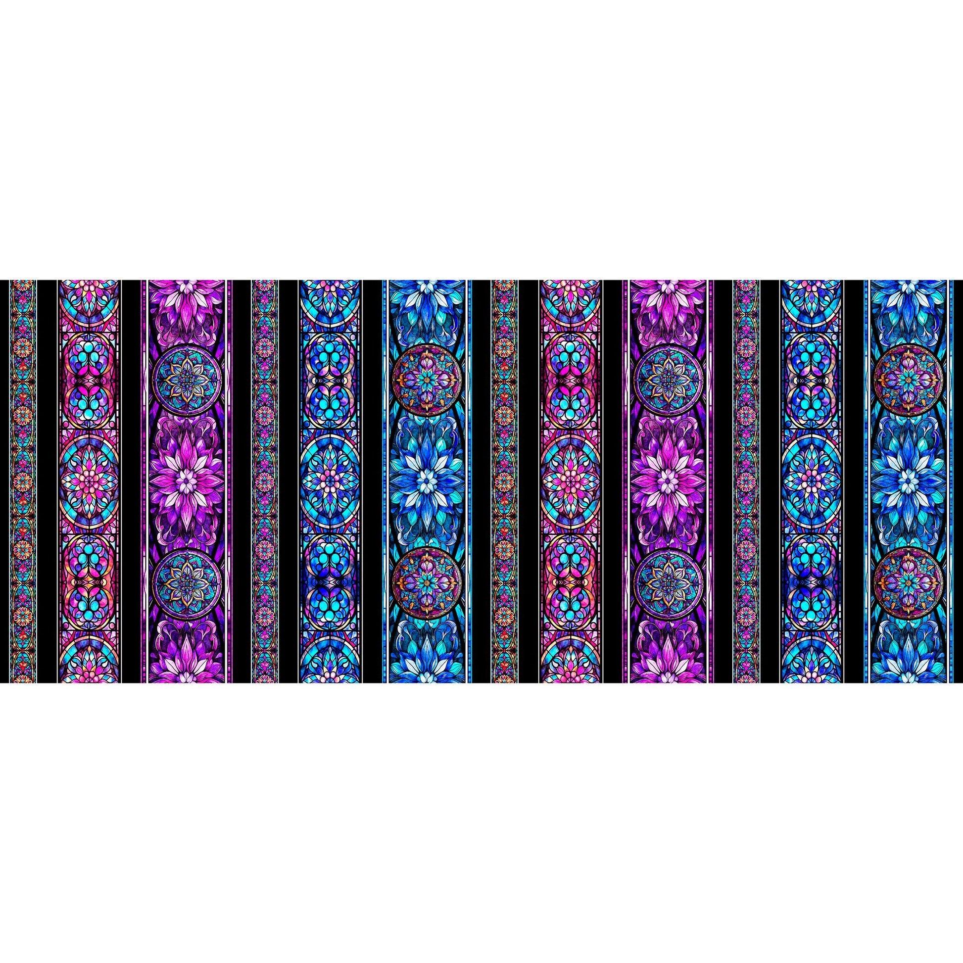 Image of the Night Flight Stained Glass Stripe Multi quilting cotton fabric by Morris Creative Group for QT Fabrics. Features a stained glass stripe pattern. Cute Little Fabric Shop