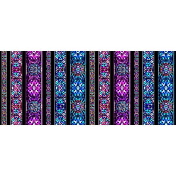 Image of the Night Flight Stained Glass Stripe Multi quilting cotton fabric by Morris Creative Group for QT Fabrics. Features a stained glass stripe pattern. Cute Little Fabric Shop