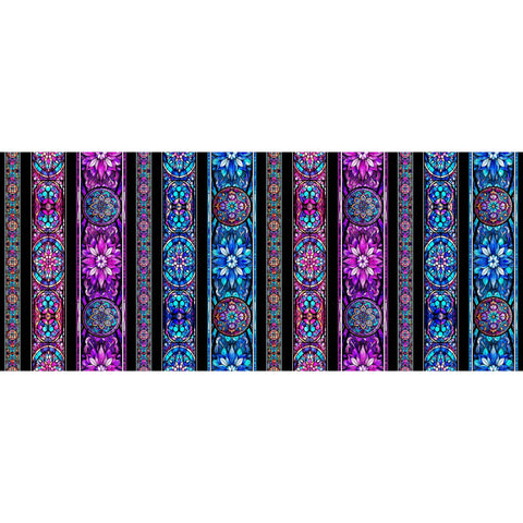 Image of the Night Flight Stained Glass Stripe Multi quilting cotton fabric by Morris Creative Group for QT Fabrics. Features a stained glass stripe pattern. Cute Little Fabric Shop