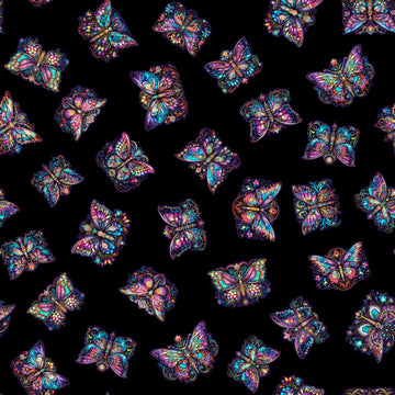 Image of the Night Flight Butterfly Toss Black quilting cotton fabric by Morris Creative Group for QT Fabrics. Features butterflies on a black background. Cute Little Fabric Shop