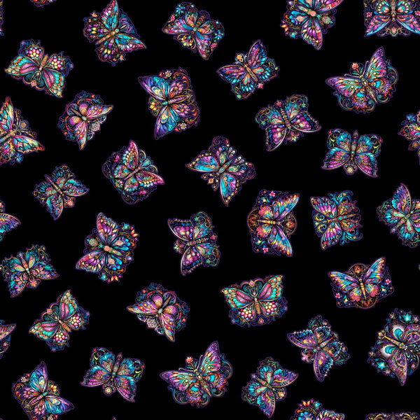 Image of the Night Flight Butterfly Toss Black quilting cotton fabric by Morris Creative Group for QT Fabrics. Features butterflies on a black background. Cute Little Fabric Shop