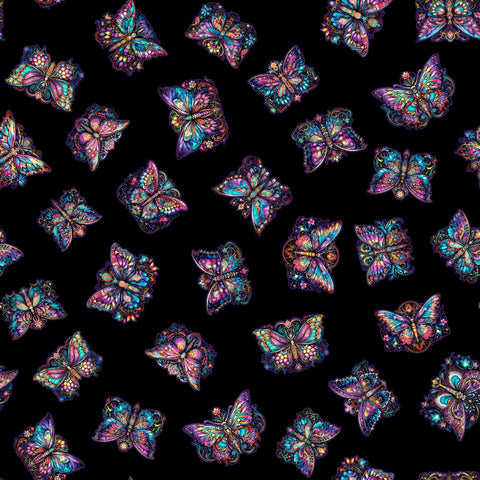 Image of the Night Flight Butterfly Toss Black quilting cotton fabric by Morris Creative Group for QT Fabrics. Features butterflies on a black background. Cute Little Fabric Shop