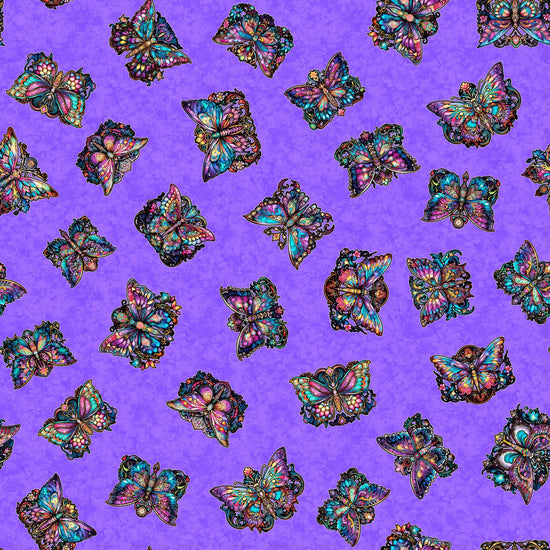 Image of the Night Flight Butterfly Toss Purple quilting cotton fabric by Morris Creative Group for QT Fabrics. Features butterflies on a purple background. Cute Little Fabric Shop