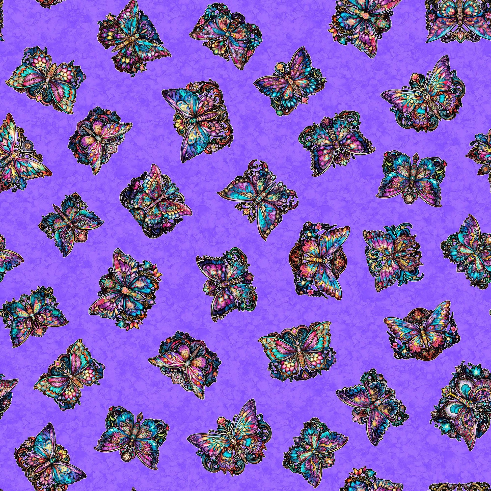 Image of the Night Flight Butterfly Toss Purple quilting cotton fabric by Morris Creative Group for QT Fabrics. Features butterflies on a purple background. Cute Little Fabric Shop