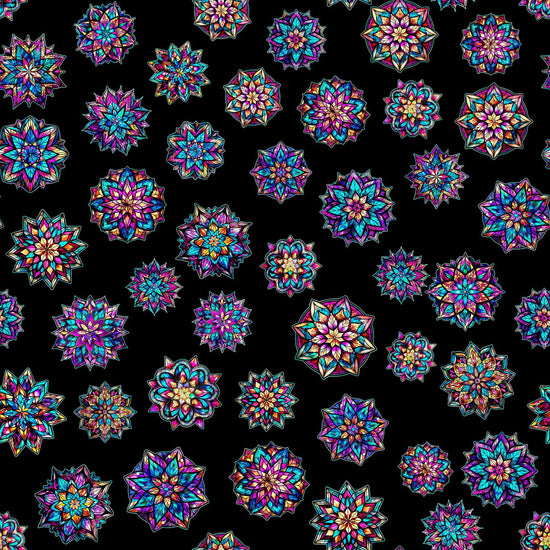 Image of the Night Flight Stained Glass Medallions Black quilting cotton fabric by Morris Creative Group for QT Fabrics. Features flowers on a black background. Cute Little Fabric Shop