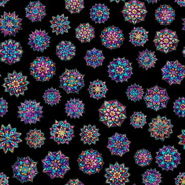 Image of the Night Flight Stained Glass Medallions Black quilting cotton fabric by Morris Creative Group for QT Fabrics. Features flowers on a black background. Cute Little Fabric Shop